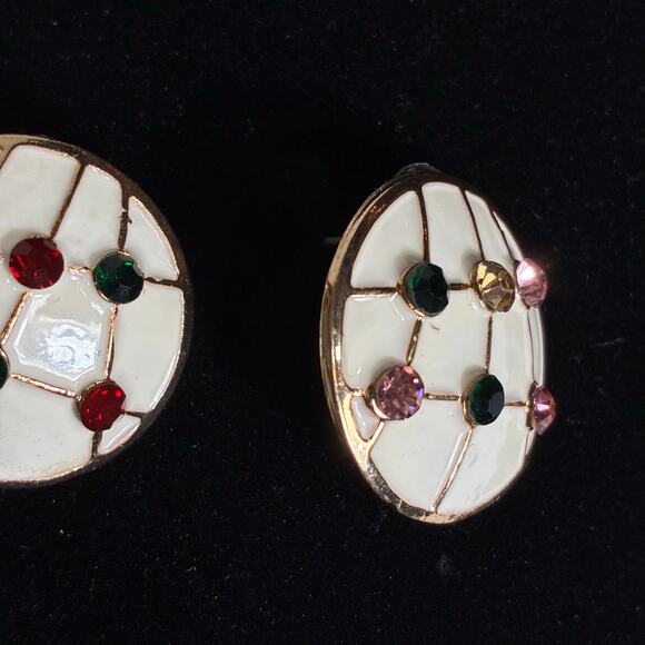 White and Rhinestone Statement Earrings Enamel Retro Vintage Mulitcolor Studs - Picture 2 of 5